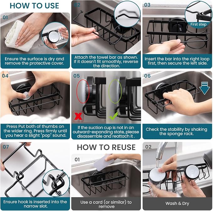 TAILI 4-in-1 Sink Caddy for Kitchen Sink with Strong Suction Cup-Black | Removable Sponge Holder for Kitchen Sink Organizer, Rustproof 304 Stainless Steel Holder for Sponge, Brush, Scrubber, Scraper
