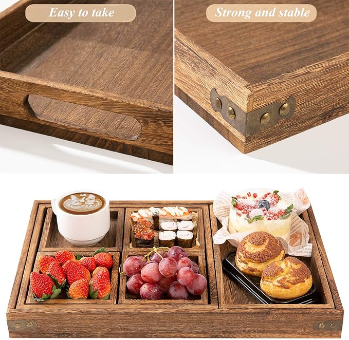 Rustic Wooden Serving Trays with Handle - Set of 7 Rectangular Platters for Entertaining, Breakfast, Coffee Table, Home Decor | 4 Sizes Tray-Snacks to Entrees,Decorative Serving Platter for Breakfast Bed,Lunch,Ottoman,Coffee Table,BBQ-Great for Lap&Sofa