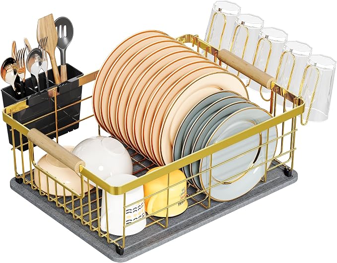 Dish Drying Rack Gold with Diatomaceous Earth No Installation Required | Save Space