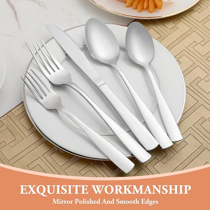 40 Pcs Silverware Set, Stainless Steel Flatware Set for 8, Food-Grade Cutlery Set, Mirror Polished Tableware Eating Utensils Set for Home Kitchen, Include Knife Fork Spoon Set, Dishwasher Safe