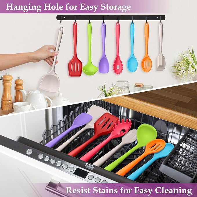 LIANYU Colorful Kitchen Cooking Utensils Set, 8Pcs Silicone Utensils Set | Heat Resistant Cooking Gadgets for Nonstick Cookware, Include Silicone Spoon, Turner, Spatula, Ladle, Multi-Color