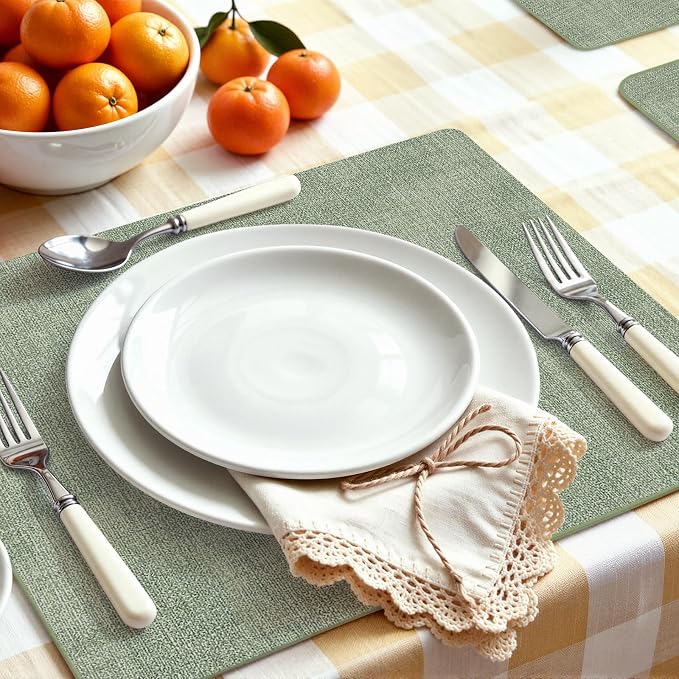 Faux Leather Heat Resistant Placemats 6 Packs, Waterproof Wipeable Dining PU Place Mats for Indoor & Outdoor, Easy to Clean, Sage Green