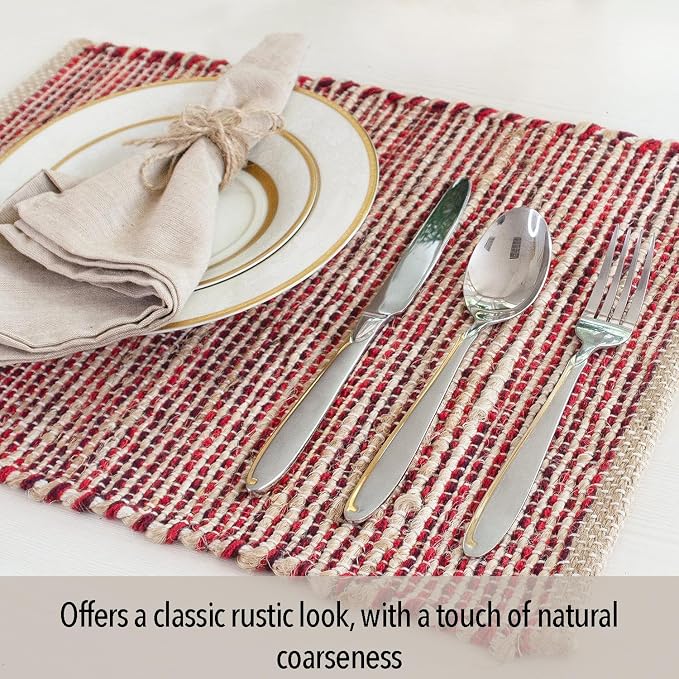 Natural Jute & Red Placemats, Set of 4 – Rustic Handmade Boho Table Mats, 13x19 Inch Dining Table Placemats for Kitchen, Everyday Meals, Holidays, Farmhouse or Modern Table Décor