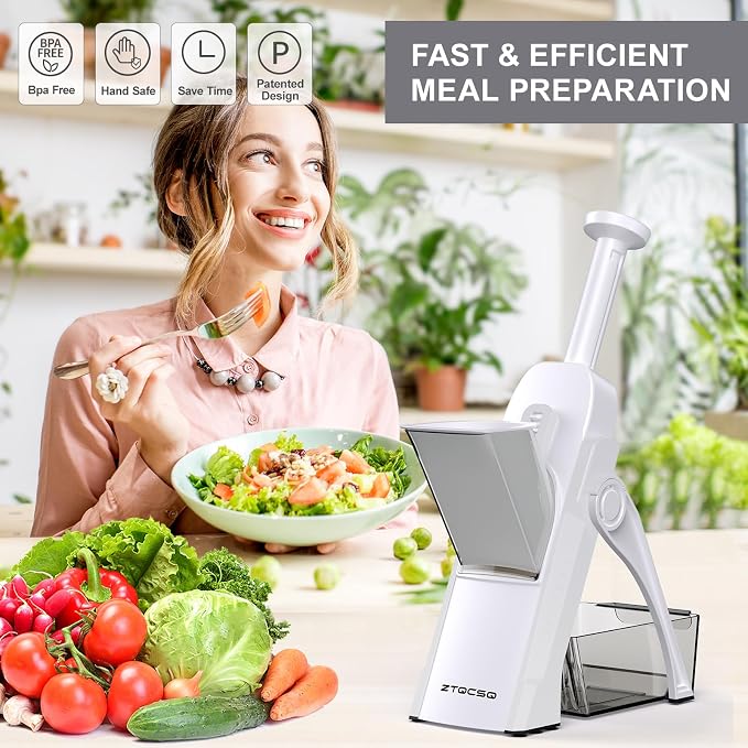 Safe Mandoline Slicer for Kitchen, Vegetable & Food Cutter (Only Slice) | Thickness Adjustable 0.1-8 mm, Potato Slicer for Chips, Easy to Clean, Storage, Kitchen Faster Slice, Dishwasher-safe (White)