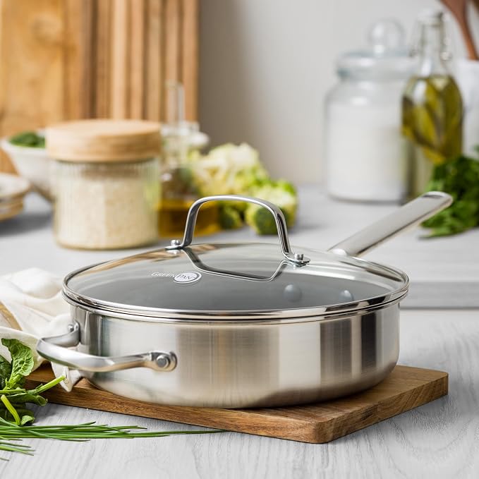 GreenPan Hybrid 5QT Stainless Steel Saute Pan with Lid, Ceramic Nonstick | APEX Tri-Ply Pan, PFAS-Free Thermobond Nonstick, Induction & All Cooktop Compatible, Dishwasher & Oven Safe to 850F, Silver