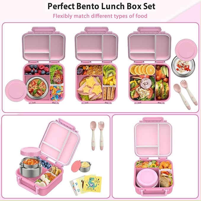 Kids Bento Lunch Box with 9oz Soup Thermo Leakproof Lunch Food Containers 4 Compartment with Insulated Hot Food Jar for Kid Toddler Girls Boys to School, Trvael