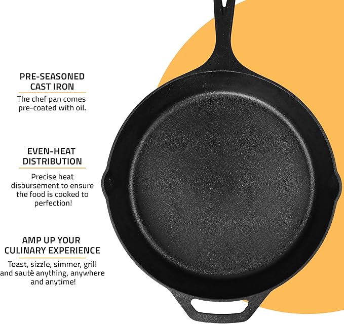 Utopia Kitchen Cast Iron Skillet 10.25 Inch Pre-Seasoned PFAS-Free Black | Chef Pan, Even Heat Distribution, Stovetop, Oven, Campfire and Grill Safe, Large Skillet, Indoor Outdoor Use