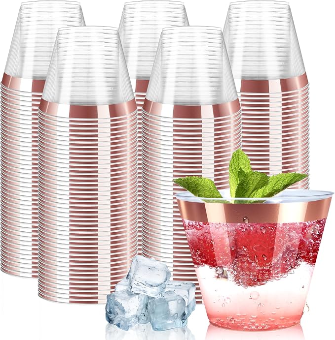 [200 Pack] 9oz Clear Plastic Cups with Rose Gold Rimmed Sturdy & Food Safe Disposable Wine Glasses Party Wedding Disposable Drinking Cups Plastic Cocktail Glasses for Wine, Juice & Cold Beverages
