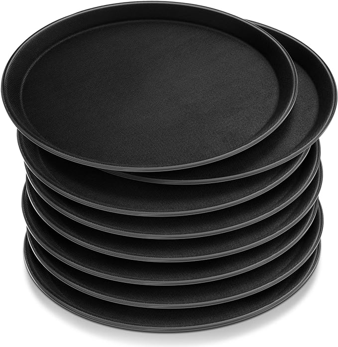 Zopeal 8 Pcs Bar Service Tray Round Plastic Non Slip,11" | For Waiter Server in Restaurant Cafeteria Bar, Raised Edges Prevent Spills, Cocktail Food Server, Textured Surface Grip