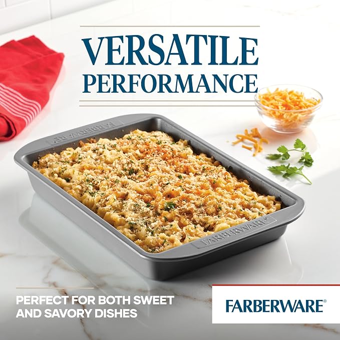 Farberware Nonstick 9x13 Baking Pan - Warp-Resistant Brownie Cake Pan | Lasagna Pan, Sheet Cake, Baking Dish, PFAS-Free, Dishwasher Safe, Oven Safe to 450F, Even Heating, Easy Release, Gray