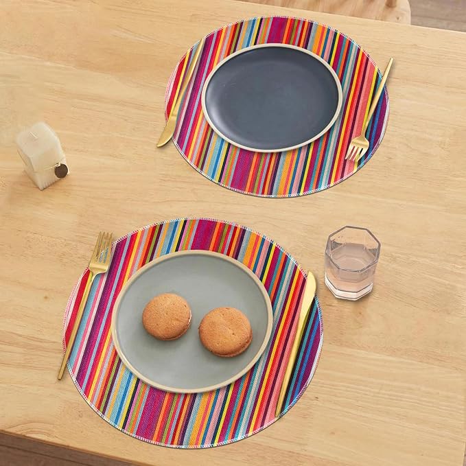 Bright Colorful Striped Round Placemats Set of 6, 12x18 Inch Mexican Rainbow Colored Geometric Pattern Table Mats for Holiday Party Kitchen Dining Room Decoration