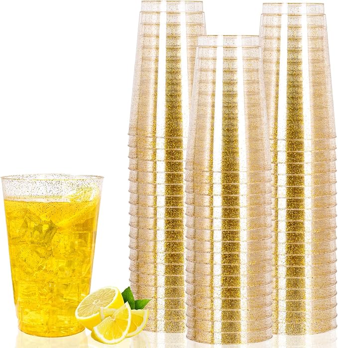 I00000 50 Pack 14 oz Gold Plastic Cups, Disposable Tumblers Gold Glitter Plastic Cups, Disposable Wine Glasses Cocktail Glasses Perfect for Wedding & Party