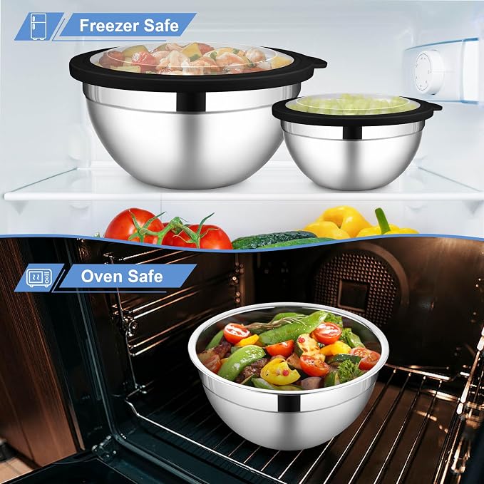 LIANYU Stainless Steel Mixing Bowls Set, Large 7, 3.5, 2.5, 2, 1.5, 1QT | 6 PCS Metal Nesting Bowls with Transparent Airtight Lids, Serving Bowl Set for Home Kitchen, Dishwasher & Freezer Safe, Black