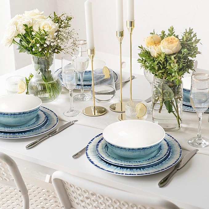 Melamine Dinnerware Set of 12 Pcs Dinner Dishes Set for Indoor and Outdoor Use, Dishwasher Safe, Lightweight Unbreakable, BPA Free, Light Blue