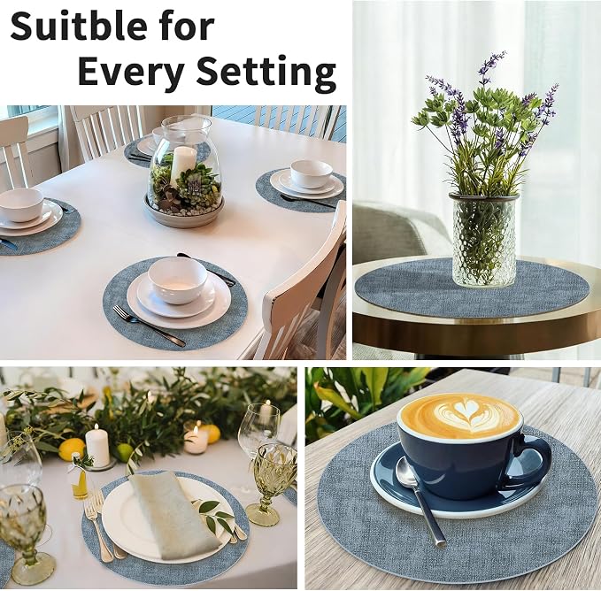 Maxpearl Faux Leather Round Placemats Set of 6, 13.8 inch, Blue | Waterproof, Heat Resistant, Non Slip, Wipe Clean Dining Table Place Mats, Suitable for Indoor & Outdoor Use, Table Settings