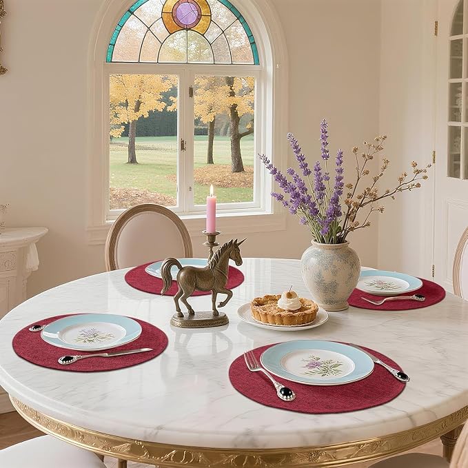 Cotton Linen 15 Inch Round Cloth Place mats, Set of 4, Red | Washable Table Mats, Heat Resistant, Reversible, Wipeable Place Mats for Indoor Outdoor