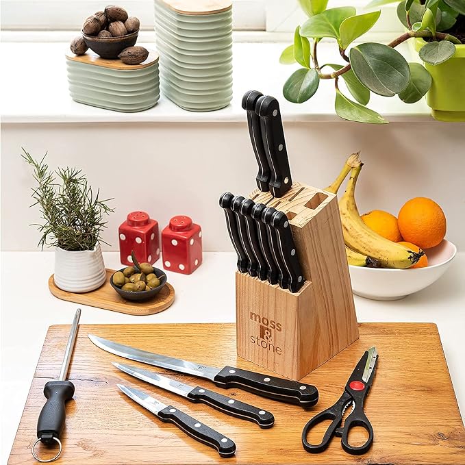 Moss & Stone 14 Pcs Kitchen Knife Set with Block, Stainless Steel | Premium forged kitchen knives with high-carbon sharp blades, ergonomic handle, rust-resistant knife block set for home & chef