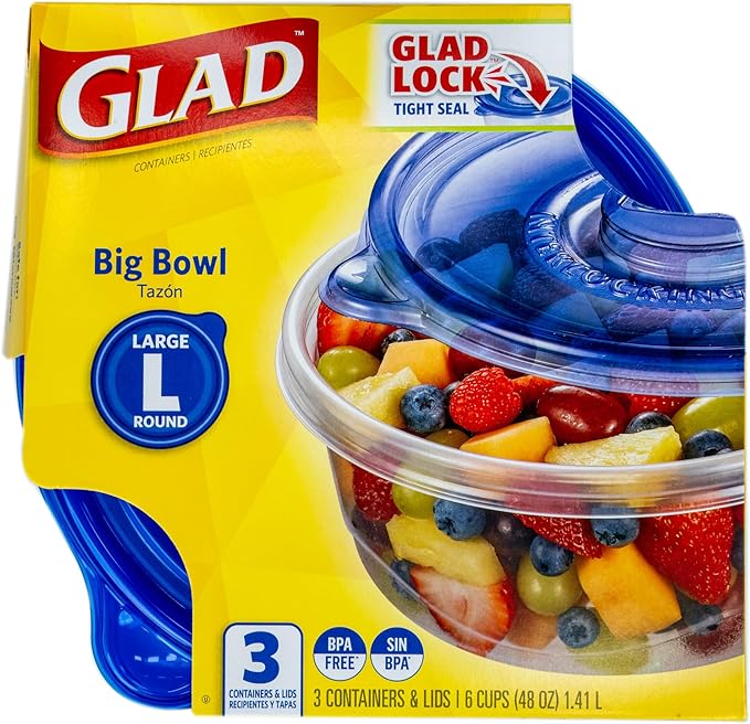 Glad GladWare Big Bowl Food Storage Containers, Large Round, 48 Oz, 3 Count | Lock-tight seal for soups, salads, and meal prep in a large round format; microwave and dishwasher safe