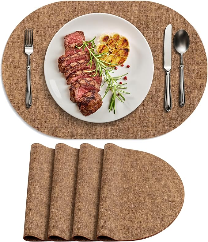 Placemats Set of 4 - Washable Heat Resistant Table Placemats - Wipeable Faux Leather Oval Place Mats, Waterproof Table Mats for Dining Table, Brown