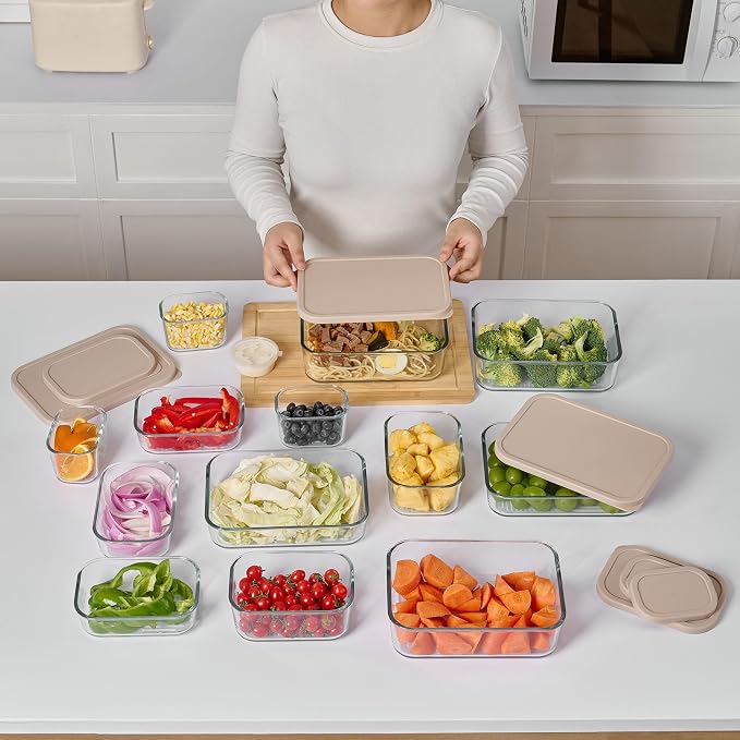 Glass Food Storage Containers with Lids — 12 Piece — 10.5 oz Glass with BPA-Free Leakproof Stackable Lids — Microwave, Oven & Dishwasher Safe — Ideal for Meal Prep & More - Cashew Cream