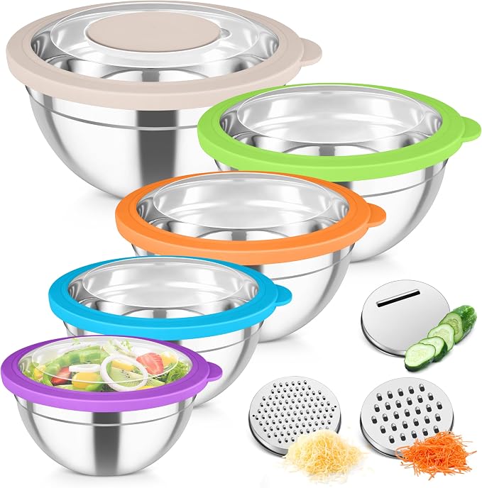TeamFar Mixing Bowls, Stainless Steel Salad Serving Bowl with Clear Lids | with 3 Graters, For Kitchen Cooking Prepping Storing, Size 4.6/2.6/1.5/1/0.7 QT, Nesting & Airtight, Set of 5 & Multicolor