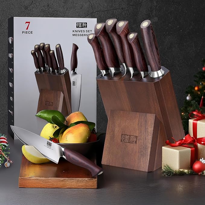 SHAN ZU 7 Pc Japanese Knife set, High Carbon 10Cr15Mov Stainless Steel | Professional Kitchen Cooking Knives, Ultra Sharp Japanese Chef Knife Set with Ergonomic Pakkawood Handle