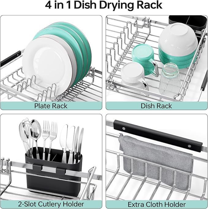 Urackify Expandable in-Sink or Over-Sink Dish Drying Rack, 14.5"-18", Black | 304 Stainless Steel, Fits Most Sinks, Rust-Resistant, Space-Saving, Removable Utensil Holder