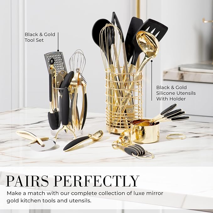 Styled Settings Black and Gold Measuring Cups and Spoons Set, 8-Piece | Stainless Steel, 8-Piece Brass Measuring Set with Beige Silicone, Stackable, Black and Gold Kitchen Accessories