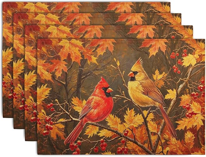 Maple Leaf Birds Fall Placemats Set of 4 Rustic Autumn Colored Maple Forest Tree Place Mat Seasonal Thanksgiving Harvest Table Mats for Party Kitchen Dining Outdoor Indoor Decor