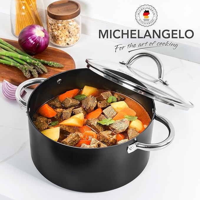 MICHELANGELO Stock Pot with Lid, Nonstick Cooking Pot, 6 Quart Soup Pot with Lid, Non Stick Pots with Stainless Steel Handle, Induction Compatible, Black