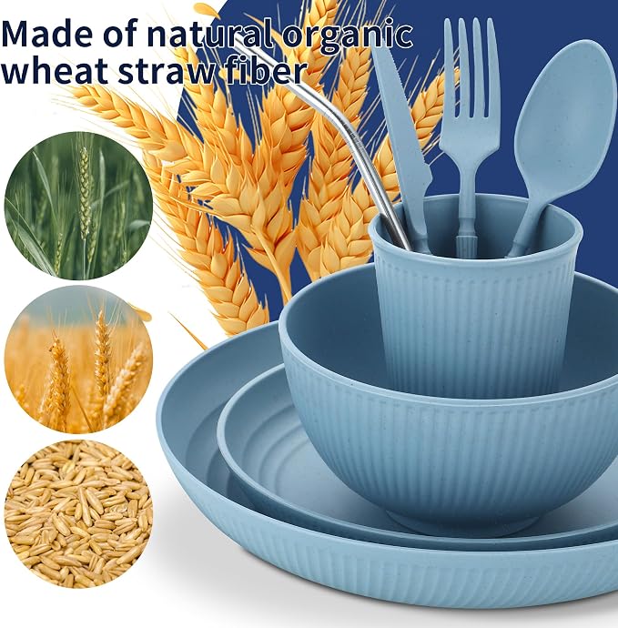 Wheat Straw Dinnerware Sets,64-Piece Plates and Bowls Sets for 8-Unbreakable,Reusable Plastic Dish Set-Dinner Plate/Dessert Plate/Cereal Bowl/Cup/Utensils-Microwave Dishwasher Safe 64P-Seaside color
