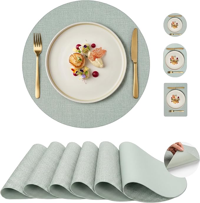 Faux Leather Placemats Set of 6, Wipeable Waterproof Stain Resistant Table Mats, Heat Resistant Thick Placemats with Hand-Painted Edges for Kitchen Dining, Imitative Linen Texture, Various Shapes