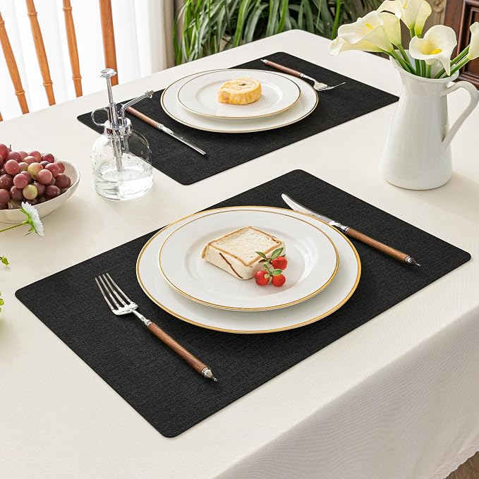 Romanstile Vinyl Placemats Set of 6-12 X 17 Inch - Faux Leather 100% Waterproof Wipeable Anti Slip Place Mats, Heat Resistant Reversible PU Table Mats for Kitchen Dining Party Outdoor, Black