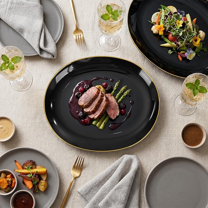6PACK Black Oval Plastic Plates - 10"x12" Black and Gold Disposable Platters - Heavy Duty Serving Trays for Party/Birthdays/Catering/Weddings/BBQ