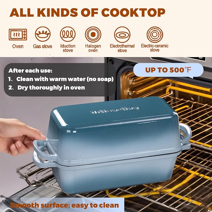 Cast Iron Loaf Pan with Lid, 11x5 Inch 5.8 Qt Sourdough Pan | Dutch Oven Bread Pan with lid, Large Cast Iron Loaf Pan for Sourdough Bread, 11x5 Size, 2-in-1 Design, Crispy Crust, Seasalt