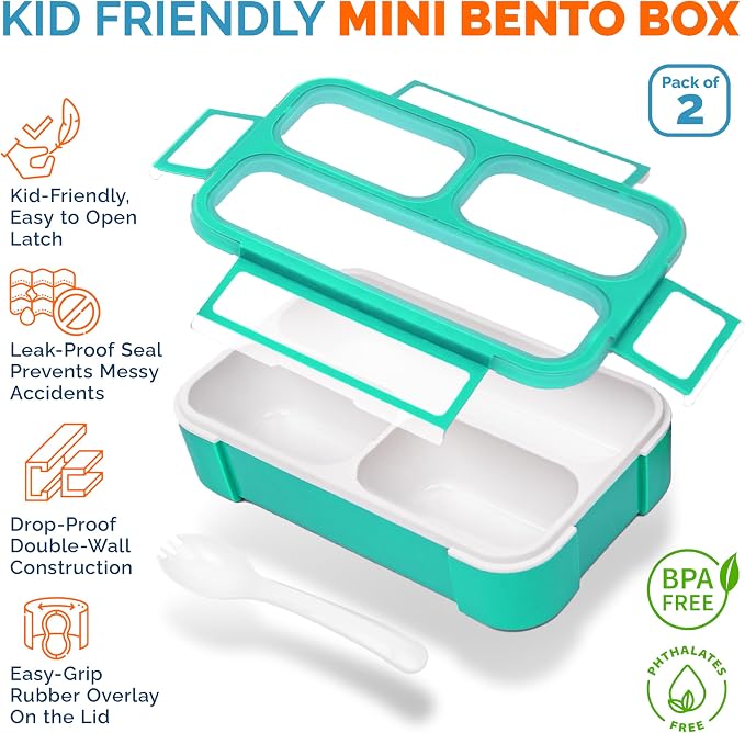 kinsho Snack Container Boxes for Kids Toddlers, 2 Pack Teal Blue & Orange | 3 Compartments, Leak-Proof, Spill Proof, BPA-Free Reusable Small Mini Bento Lunch Box for Daycare School Travel, Holds 2 Cups