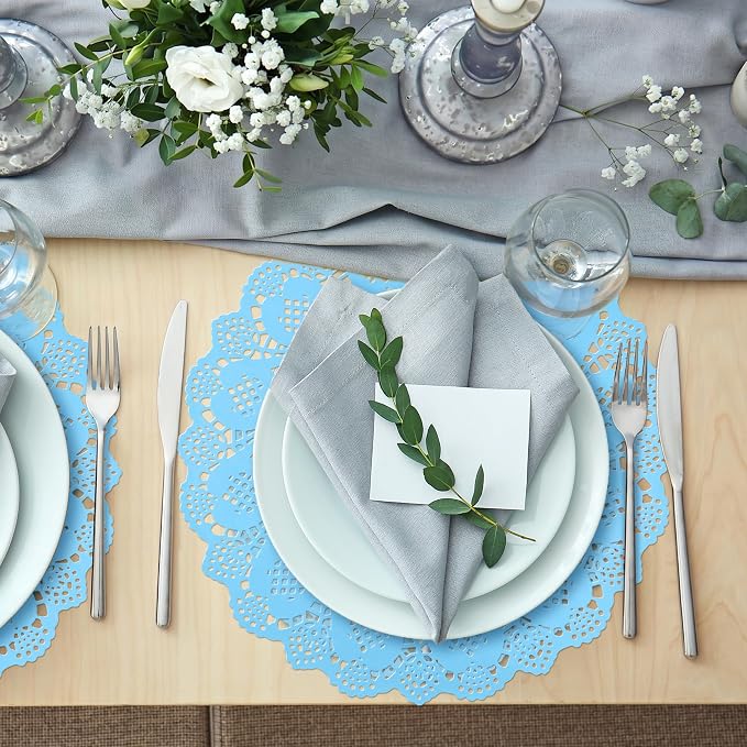 MCEAST 100 Pack Round Blue Paper Doilies 13.5 Inches Lace Paper Place Mats Rustic Scallop Doily Disposable Table Pads for Food Cakes Crafts Party Weddings Tableware Decor