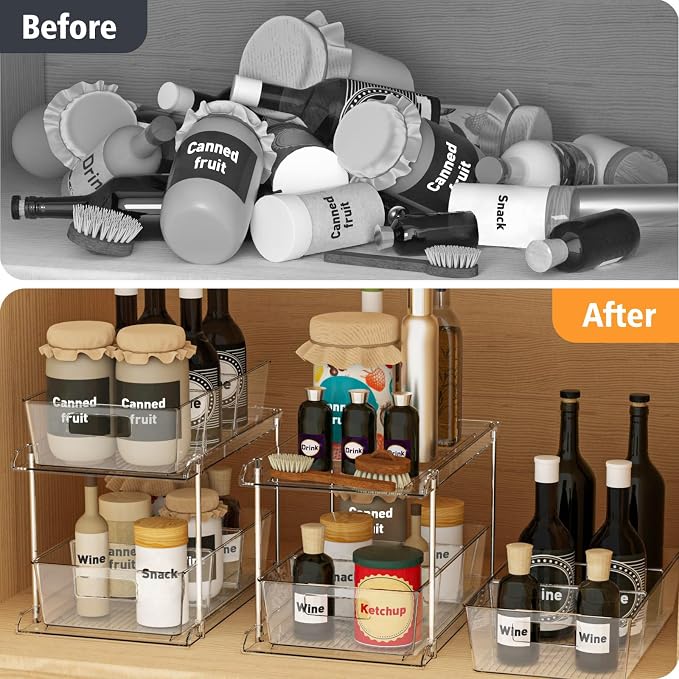 Bathroom Under Sink Organizers and Storage, 2 Tier, 3 Packs | Clear Vanity Countertop Pull-out Cabinet Organizer, Stackable Multi-Purpose Kitchen Pantry Organization with Dividers