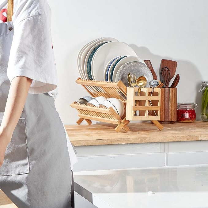 NOVAYEAH Bamboo Dish Drying Rack-2 Tier, Collapsible Small Dish Rack with Utensil Holder, Wooden Drying Rack for Kitchen Counter, Apartment Essentials Kitchen Plate Holder Organization 34 pcs Grid