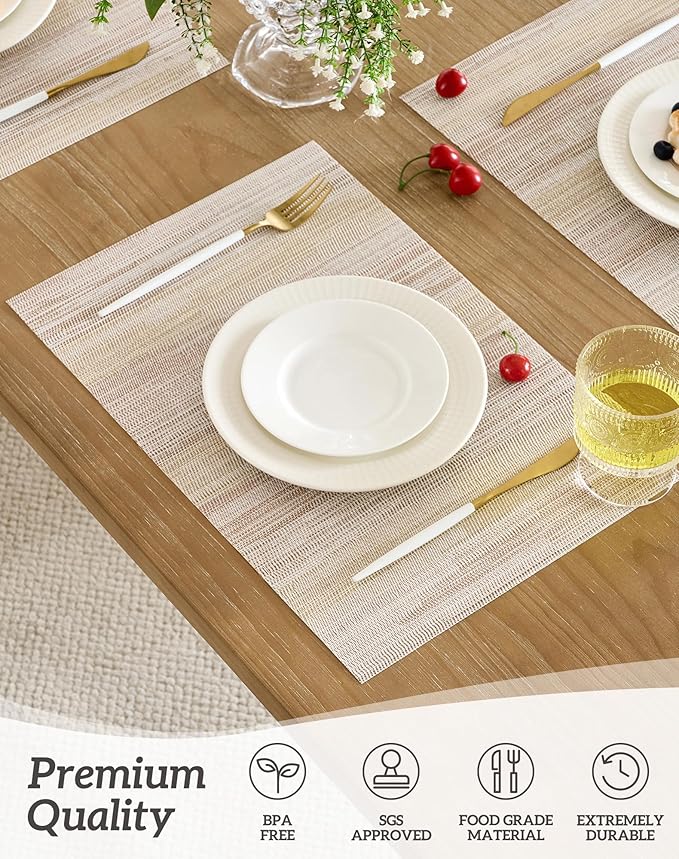 Leetaltree Lightsteel Beige with Yellow Placemats Set of 8 - Heat Resistant Non-Slip Place mats for Dining Table, Washable Durable PVC Vinyl Woven Table Mats (Lightsteel Beige with Yellow, 8)