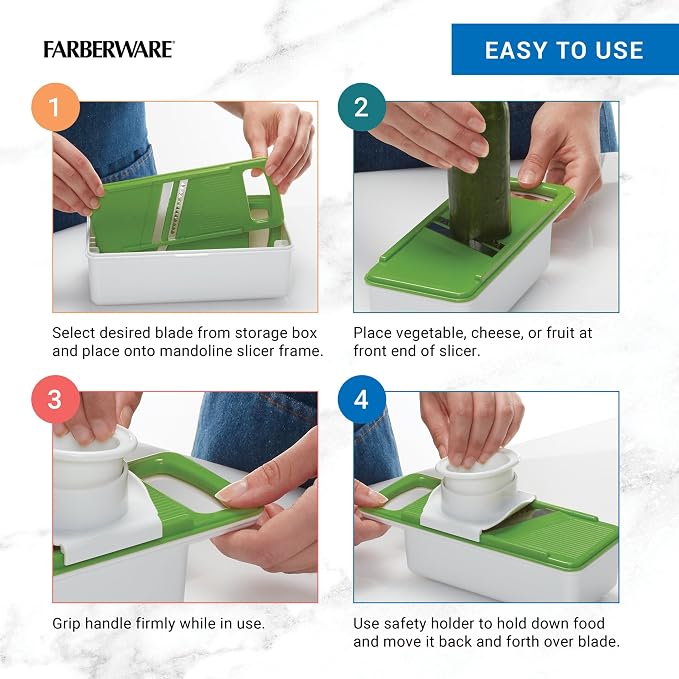 Farberware Pro Mandoline Slicer for Kitchen with Storage Case, 4 Color-Coded Blades, Fine and Coarse Julienne, Grater, Safety Food Holder, Dishwasher Safe