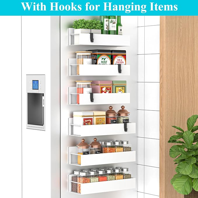 Metal Magnetic Spice Rack for Refrigerator White, 6 Pack | Magnetic Shelves Heavy Duty for Fridge in Kitchen, Seasoning Storage Organizer, For Oven Washer and Dryer, For Heavier Items