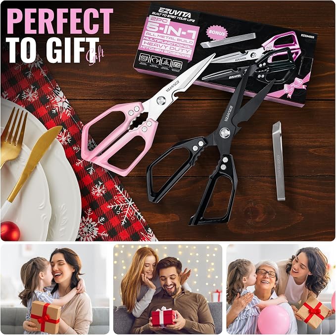 2PC 5-in-1 Kitchen Scissors Set, Multifunctional Shears | Titanium Coated Blades, Aluminum Alloy Handle, Fish Scaling Edge, Bottle Opener, Nutcracker,Poultry Tweezers,Dishwasher Safe