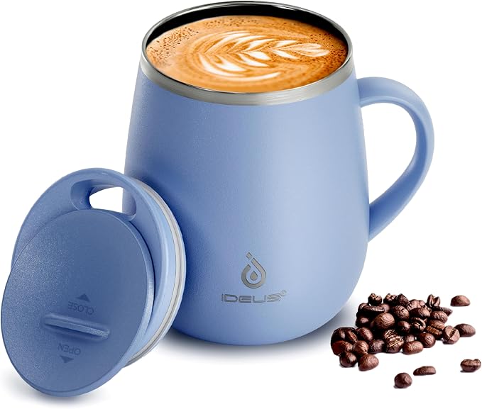 Ideus 16 oz Insulated Coffee Mug with Handle and Lid, Double Wall Stainless Steel Vacuum Thermal Coffee Mug, Travel Coffee Cup Thermal Cup for Home and Office, Ocean Blue 2.0