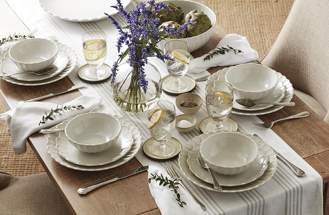 Lenox French Perle Scallop White Stoneware 24-Piece Dinnerware Set for 8 | dishwasher safe | plates and bowls sets for kitchen and dining | 11 inch plate, dish set, dishes | 2.25 inch, 16oz