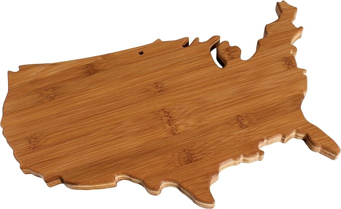 Totally Bamboo United States of America Shaped Bamboo Serving and Cutting Board | USA-shaped charcuterie board with natural bamboo grain. Knife-friendly surface for food prep. Hang tie for wall display.