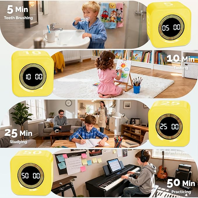 KADAMS Timer Pomodoro - Productivity Pomodoro Cube, 5/10/25/50 Min Countdown & Countup, Silent – for Work Study Workout Kitchen School Classroom Office ADHD Gift Kids (1, Yellow)