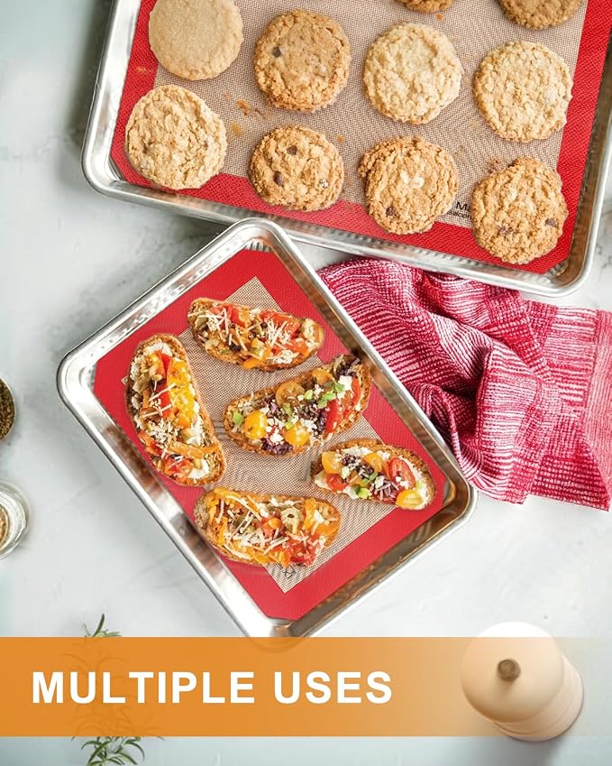 Silicone Baking Mat, Non-Stick Platinum Silicone Baking Sheet, 5 Pcs Red | Reusable, Food-Grade, Heat Resistant to 480℃, Dishwasher Safe, Half-sheets, quarter-sheets, and round mat Set, Versatility