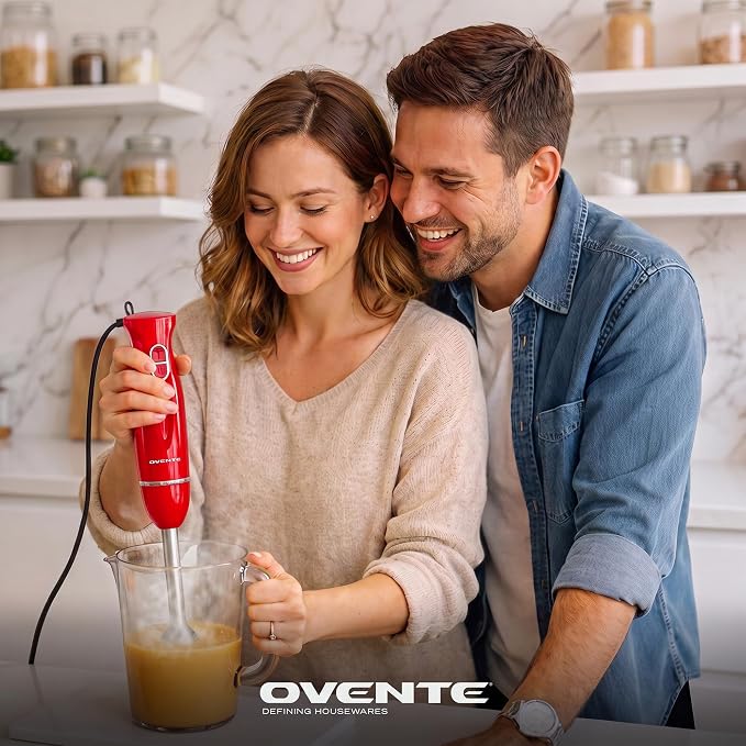 OVENTE Electric Hand Blender Set with 2 Mixing Speeds, 300W Red HS565R | Corded Immersion Handheld Stick Mixer with Stainless Steel Blades, Egg Whisk, Beaker & BPA-Free Food Chopper