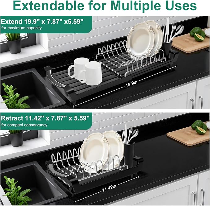 Compact Stainless Steel Dish Drying Rack | Rust-Resistant Drainer for Kitchen and Apartment Countertops/Sink Cabinets, Adjustable 11.42 to 19.9 Inches (Black)